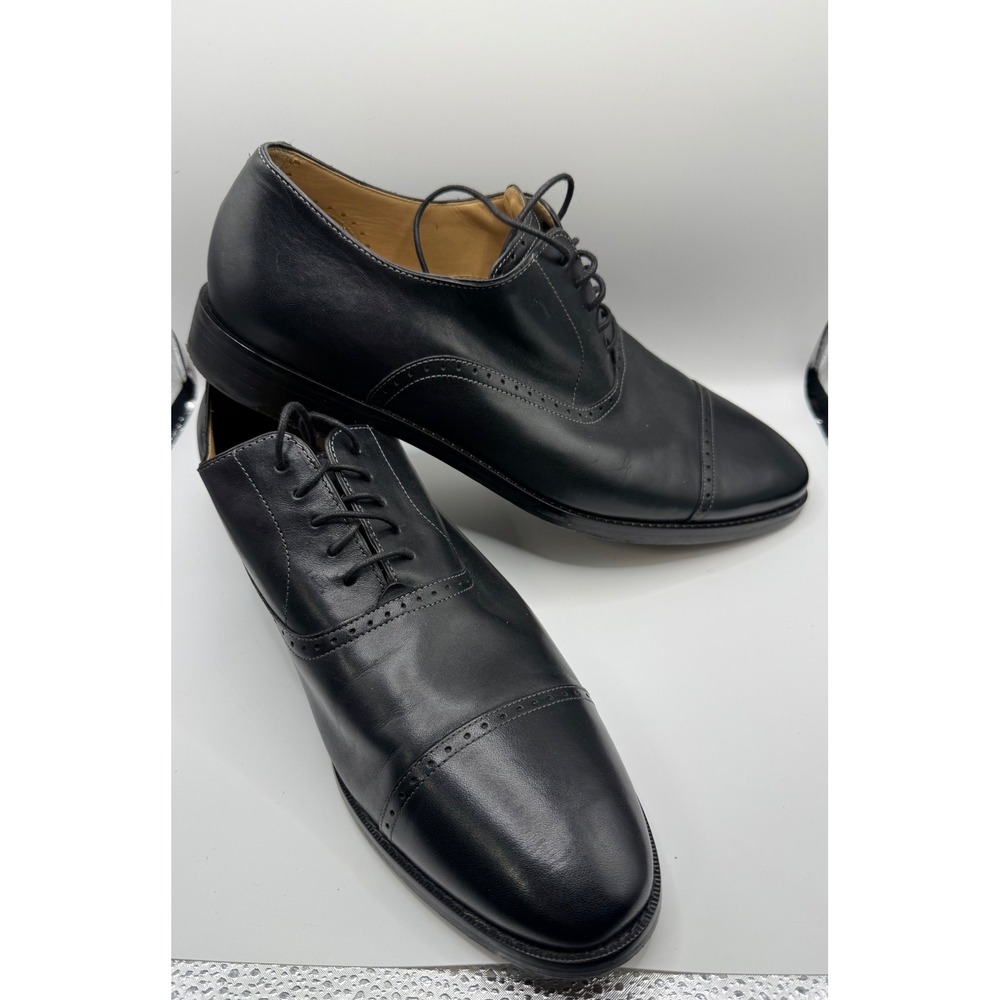 Cole Haan Mens Black Leather Cap Toe Oxford Dress Shoes Brogue Detail Lace Up